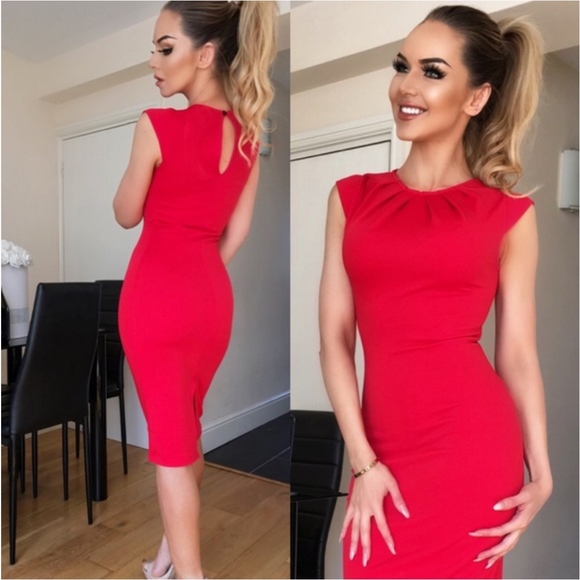 Red Amy Pleats Neckline Midi Dress - Size 6 (NWT) - Picture 1 of 4